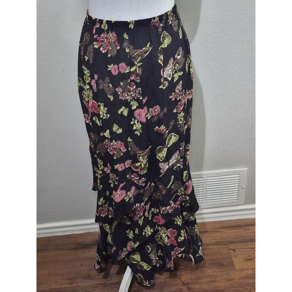 Stonebridge Womens Maxi Tiered Skirt Size 20W Boho Chic Floral Butterfly Print